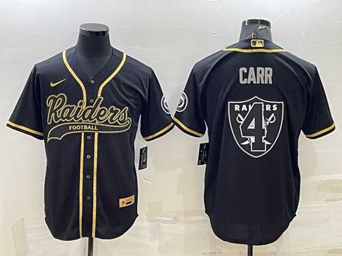 Mens Las Vegas Raiders #4 Derek Carr Black Gold Team Big Logo With Patch Cool Base Stitched Baseball Jersey->las vegas raiders->NFL Jersey